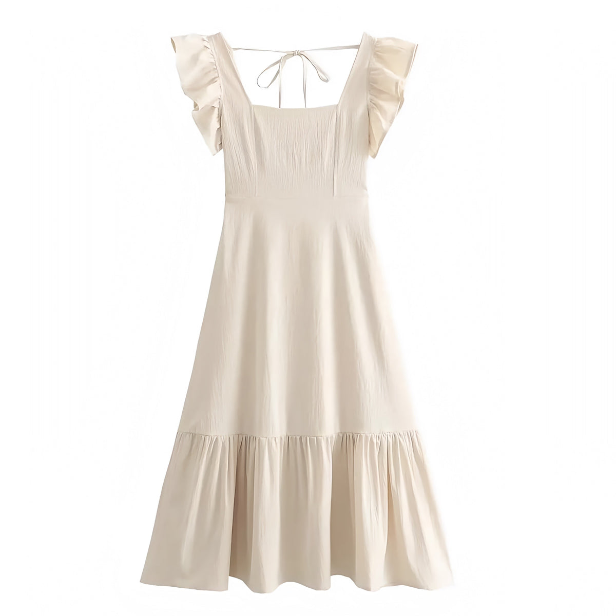Light Beige Bodycon Ruffle Trim Puff Sleeve Backless Tiered Maxi Dress