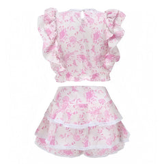 Light Pink Floral Print Puff Sleeve Top & Layered Ruffle Mini Skirt Set
