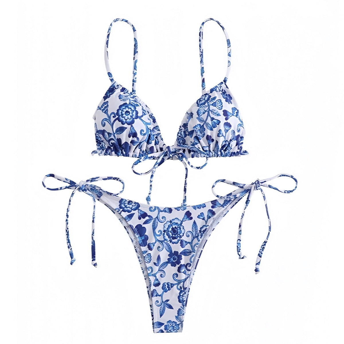 Santorini Dark Blue & White Floral Print 2 Piece Triangle Bikini Set