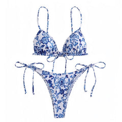 Santorini Dark Blue & White Floral Print 2 Piece Triangle Bikini Set