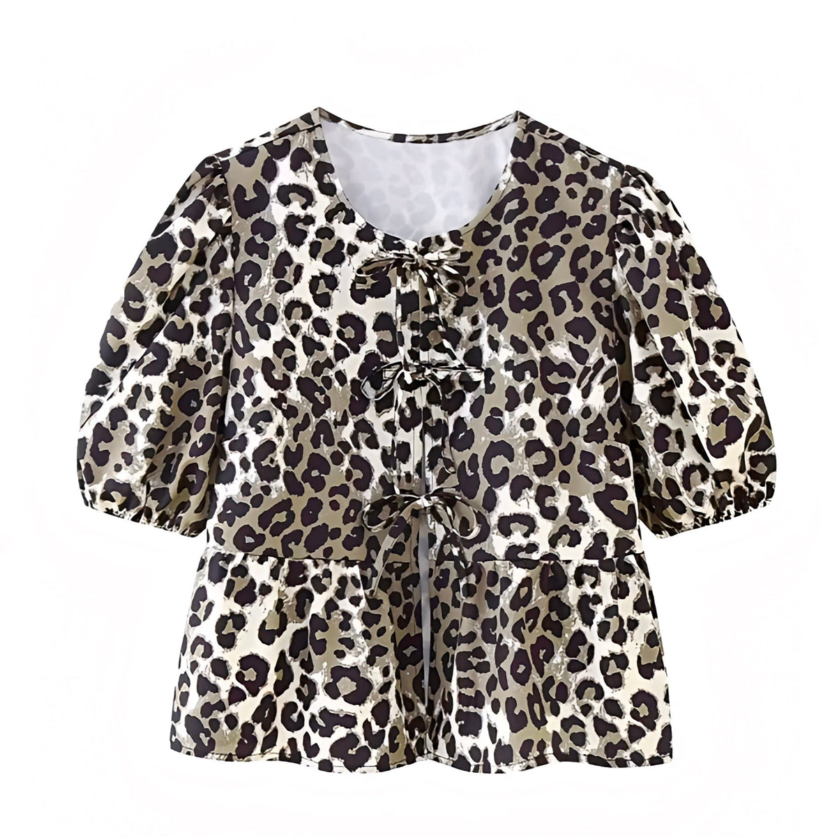 Leopard Print Bow Lace Up Puff Sleeve Crop Blouse Top
