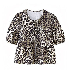 Leopard Print Bow Lace Up Puff Sleeve Crop Blouse Top