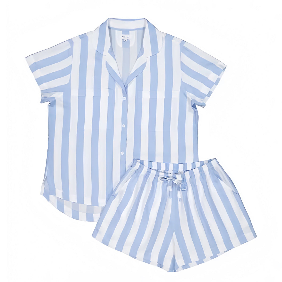 Light Blue & White Striped Button Down T-Shirt & Shorts Pajamas Set