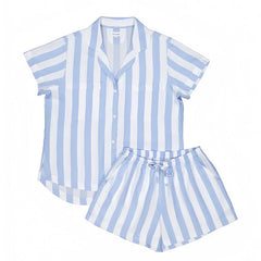 Light Blue & White Striped Button Down T-Shirt & Shorts Pajamas Set