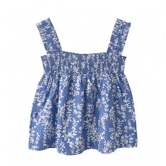 Navy Blue Floral Print Smocked Ruffle Tank Top