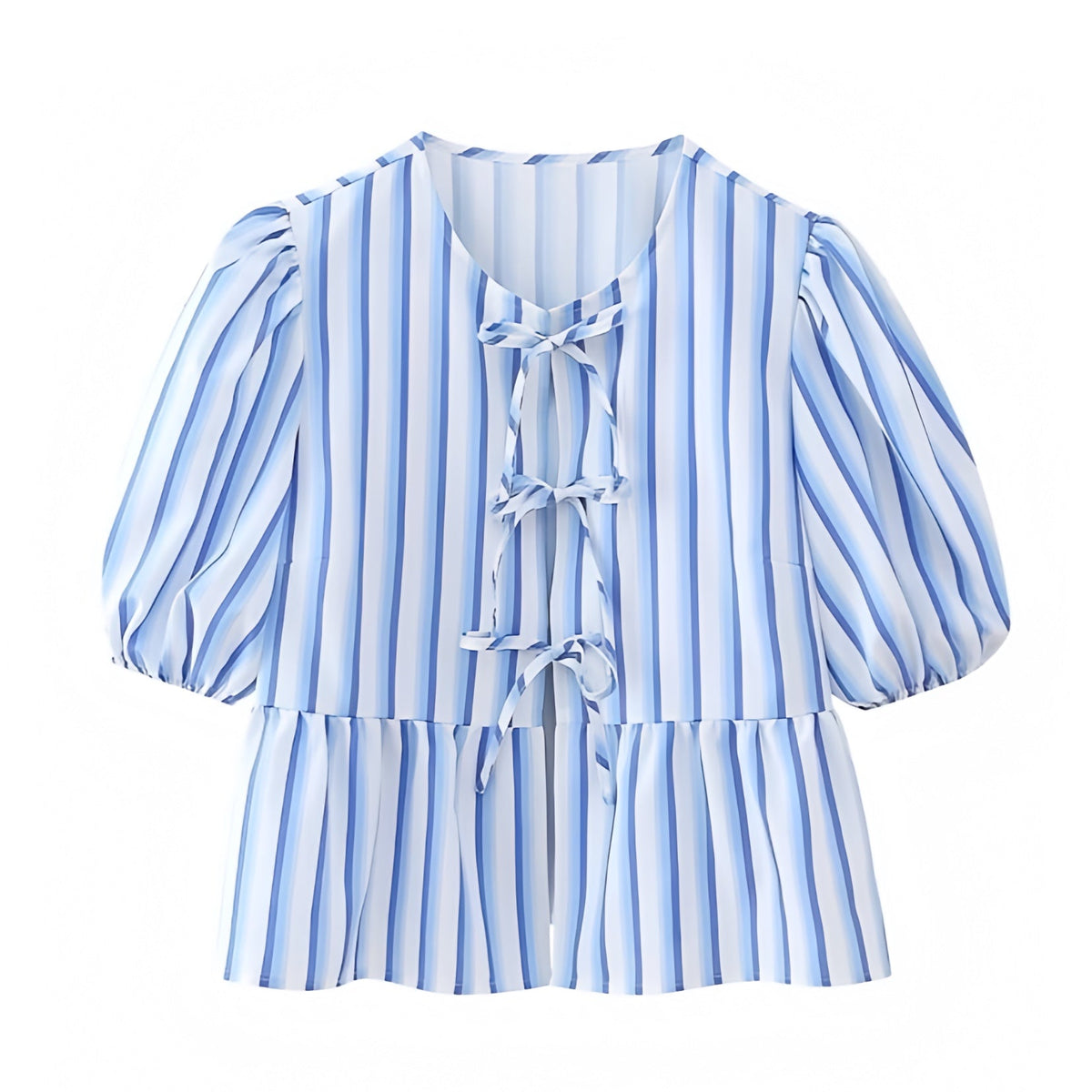 Light Blue & White Striped Bow Lace Up Puff Sleeve Blouse Top