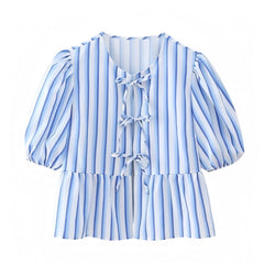 Light Blue & White Striped Bow Lace Up Puff Sleeve Blouse Top
