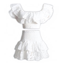 Athena White Eyelet Embroidered Layered Ruffle Smocked Off Shoulder Top & Mini Skirt Dress Set