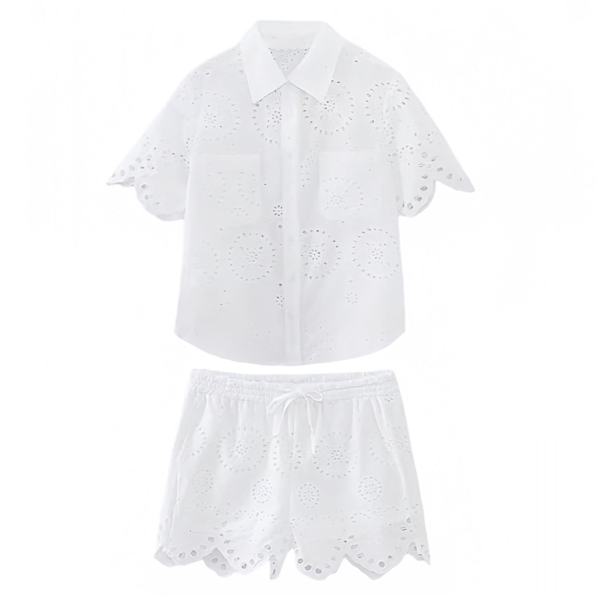 White Eyelet Linen Button Down Short Sleeve Shirt & Shorts Set