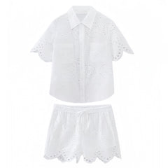 White Eyelet Linen Button Down Short Sleeve Shirt & Shorts Set