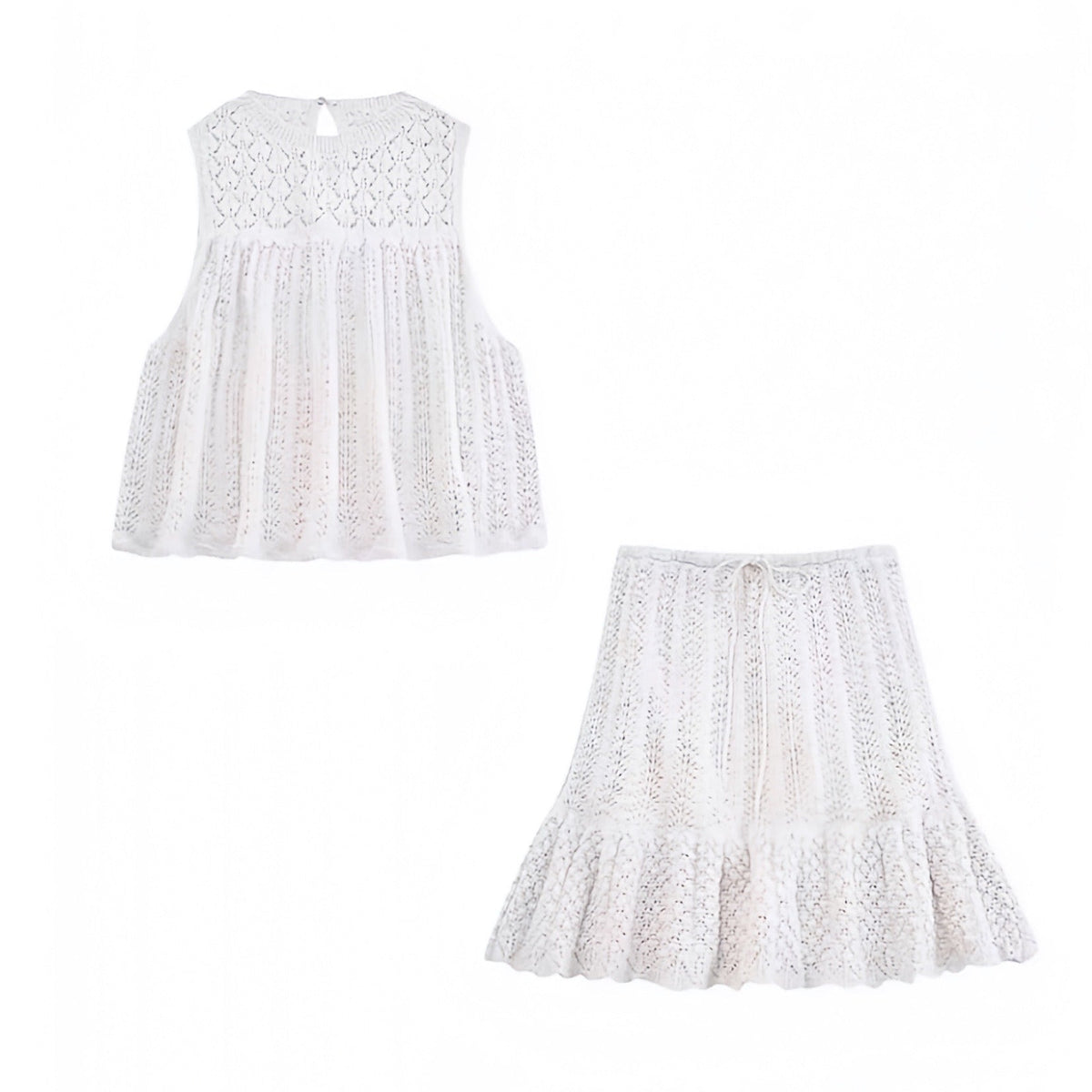 Ivory White Embroidered Knitted Short Sleeve Top & Mini Skirt 2 Piece Set