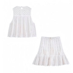Ivory White Embroidered Knitted Short Sleeve Top & Mini Skirt 2 Piece Set