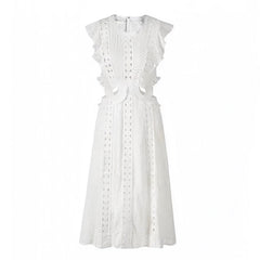 White Eyelet Embroidered Ruffle Trim Short Sleeve Maxi Dress