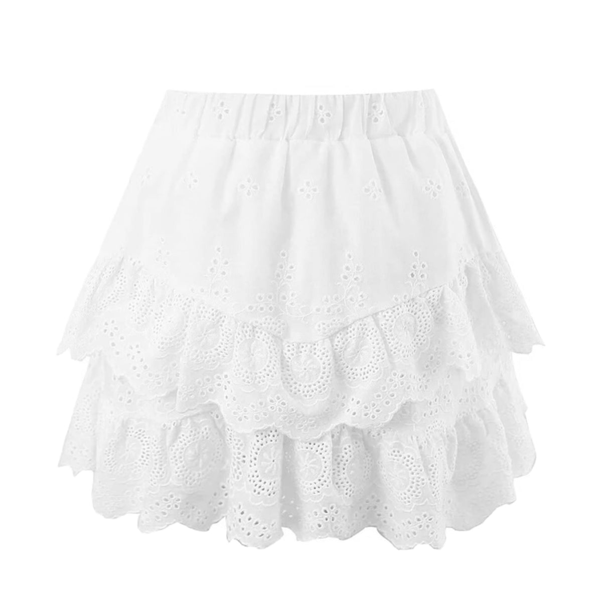 White Eyelet Embroidered Layered Ruffle Trim Mid-Rise Bohemian Mini Skirt