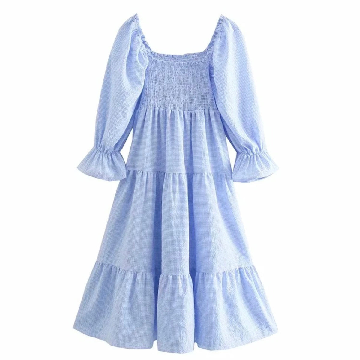 Light Blue Gingham Smocked Ruffle Trim Long Sleeve Tiered Linen Maxi Dress