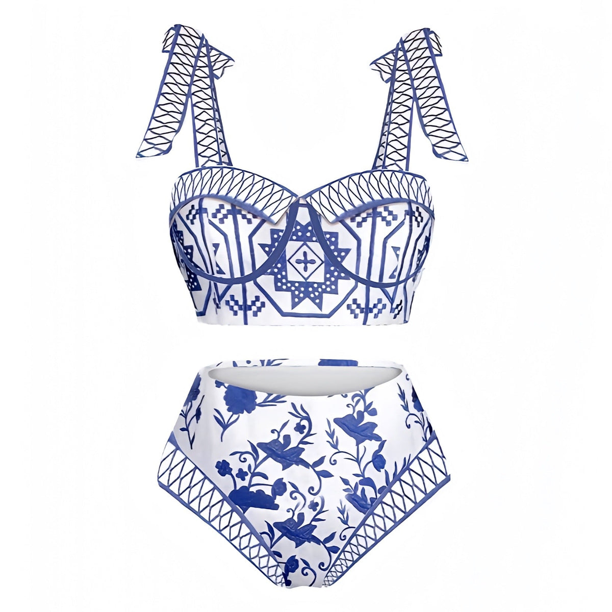 Lindos Dark Blue & White Floral Patterned Underwire 2 Piece Bikini Set