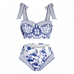 Lindos Dark Blue & White Floral Patterned Underwire 2 Piece Bikini Set