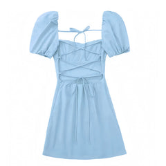 Light Blue Bodycon Ruched Lace Up Puff Sleeve Backless Mini Dress
