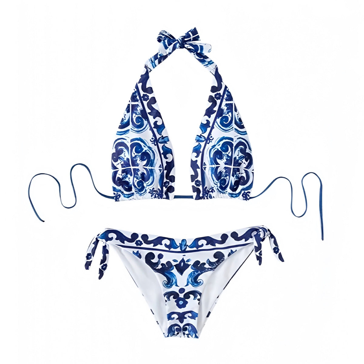 Paros Dark Blue Floral Patterned 2 Piece Halter Triangle Bikini Set