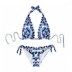 Paros Dark Blue Floral Patterned 2 Piece Halter Triangle Bikini Set