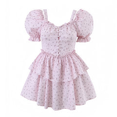 Light Pink Floral Print Layered Ruffle Puff Sleeve Corset Mini Dress