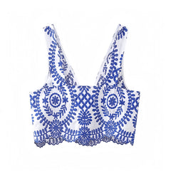 Santorini Blue Floral Embroidered V-Neck Slim Fit Crop Vest Tank Top