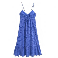 Dark Blue Eyelet Embroidered Bodycon Ruffle Trim Spaghetti Strap Backless Maxi Dress