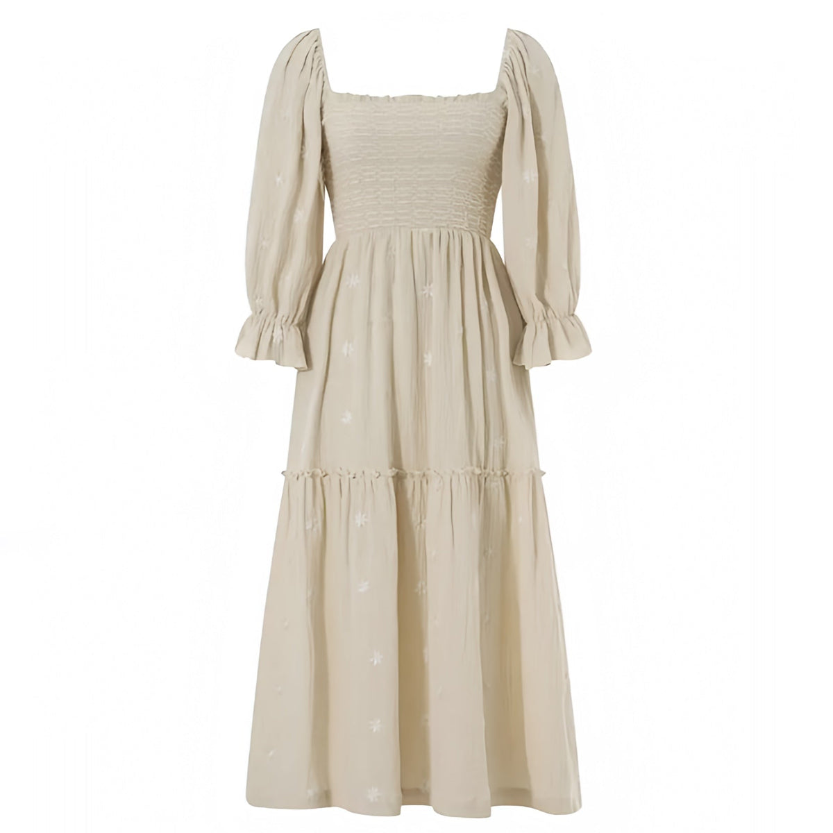 Light Beige Floral Eyelet Embroidered Smocked Long Puff Sleeve Tiered Linen Maxi Dress