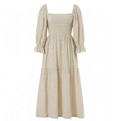 Light Beige Floral Eyelet Embroidered Smocked Long Puff Sleeve Tiered Linen Maxi Dress