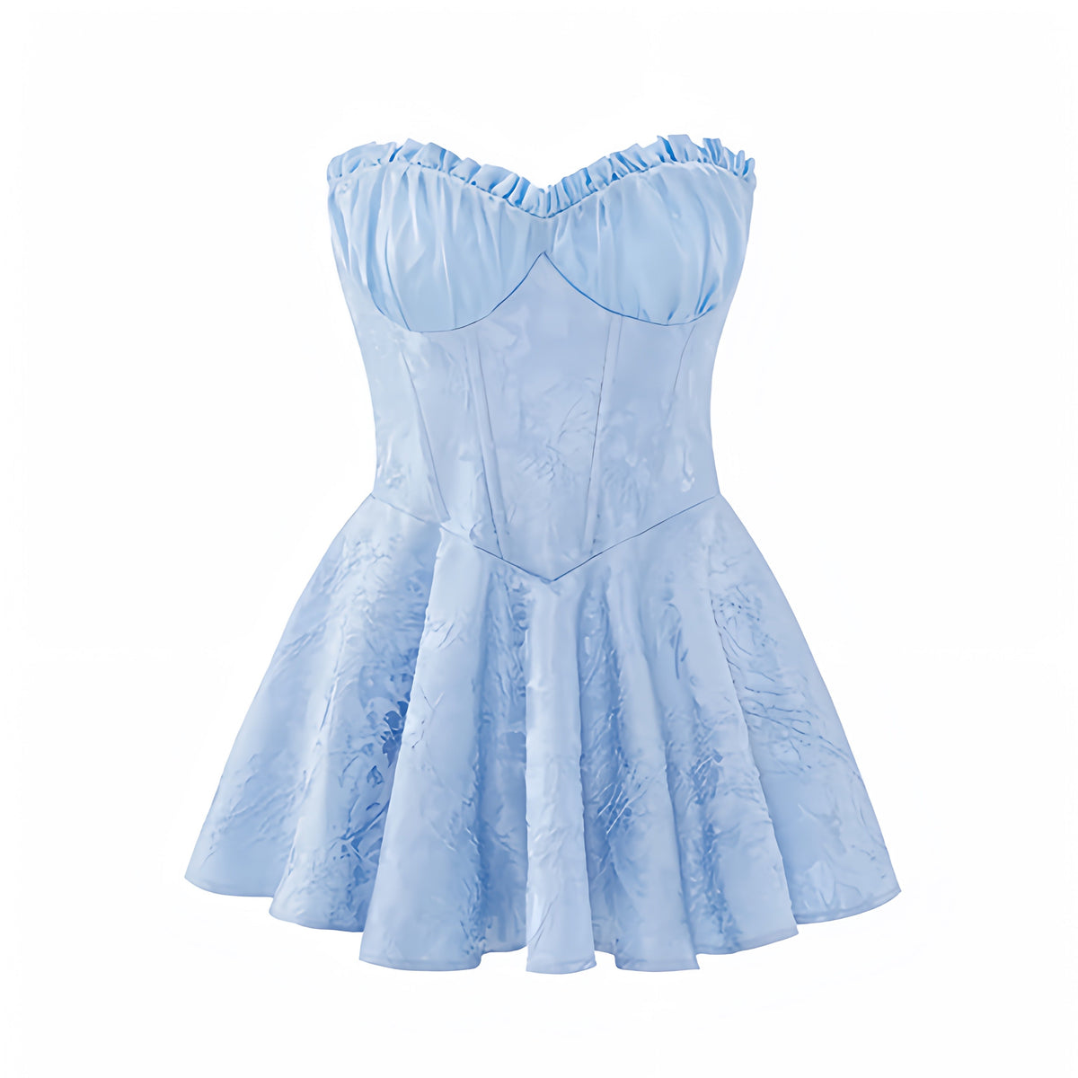Light Blue Floral Satin Corset Bustier Drop Waist Strapless Mini Dress