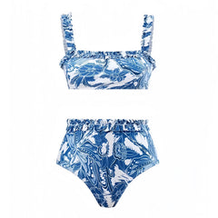 Montauk Blue Floral Print Ruffle Trim Spaghetti Strap 2 Piece Bikini Set