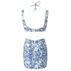 Dark Blue Floral Print Lace Trim Cut Out Mini Dress