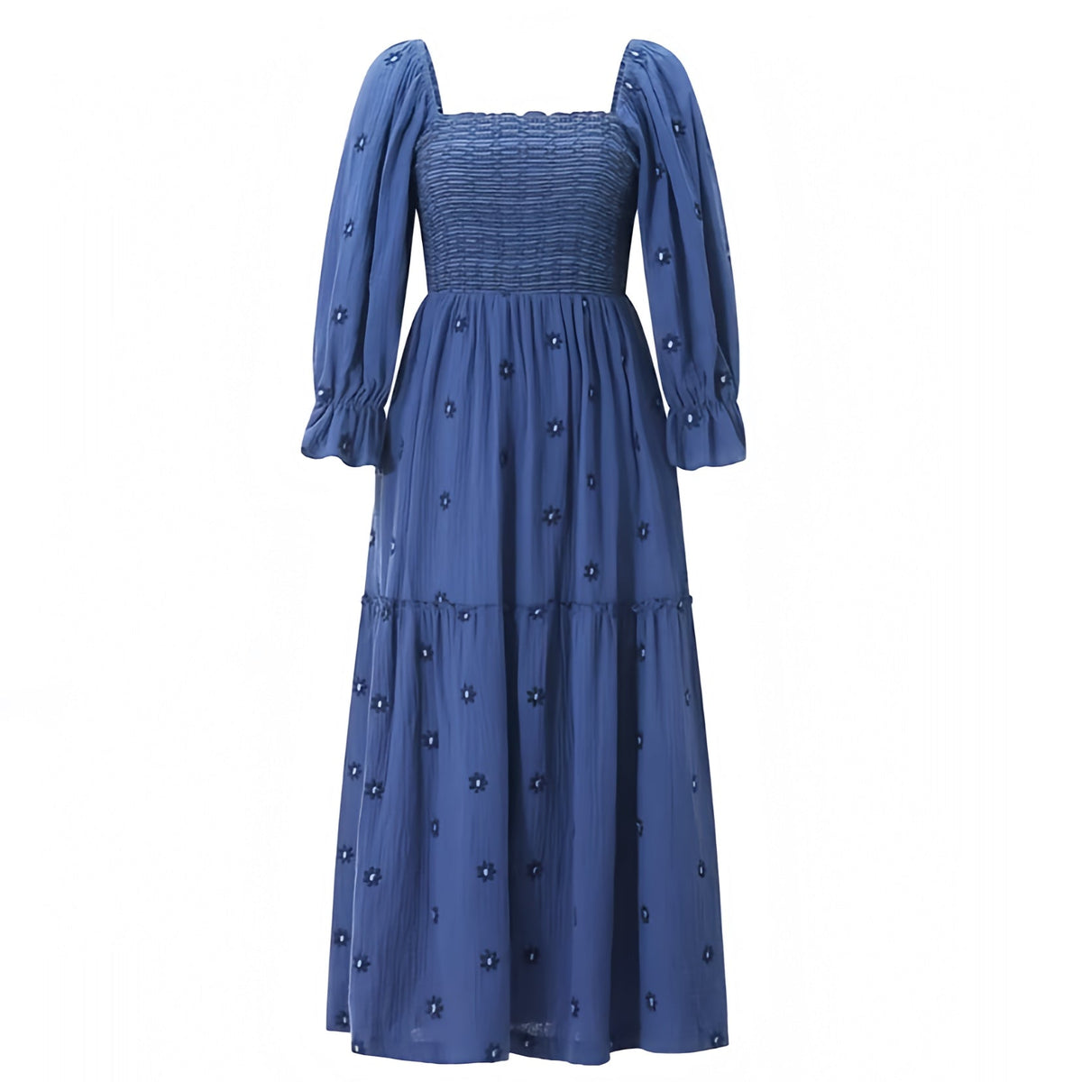 Navy Blue Floral Eyelet Embroidered Smocked Long Puff Sleeve Tiered Linen Maxi Dress