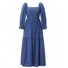 Navy Blue Floral Eyelet Embroidered Smocked Long Puff Sleeve Tiered Linen Maxi Dress