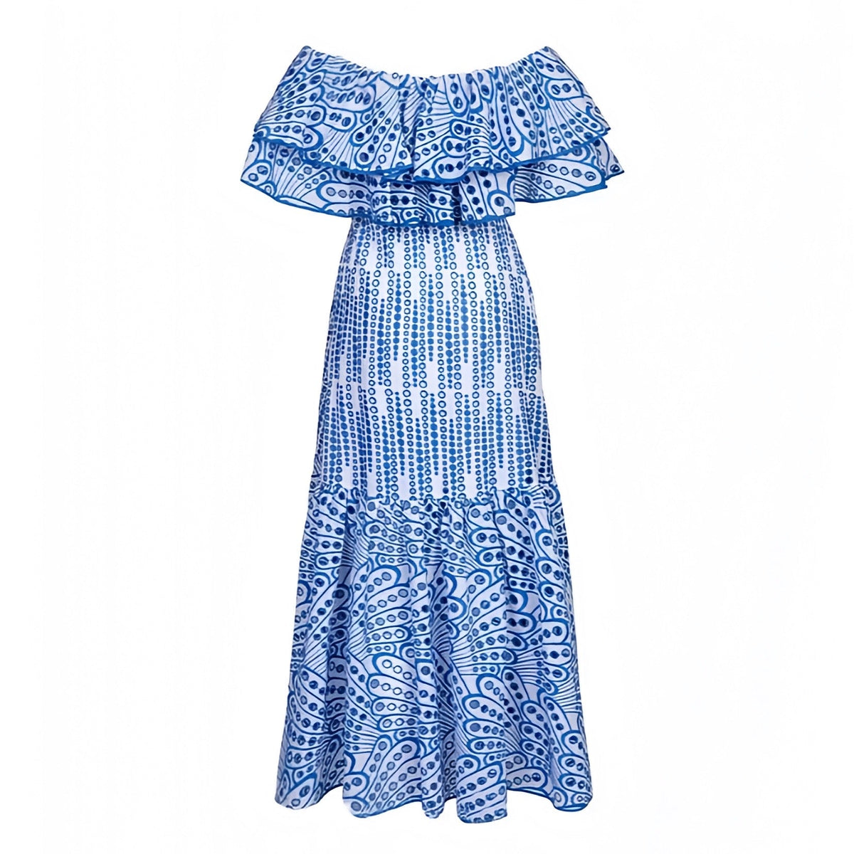 Capri Dark Blue Eyelet Embroidered Layered Ruffle Smock Off Shoulder Maxi Dress