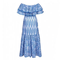 Capri Dark Blue Eyelet Embroidered Layered Ruffle Smock Off Shoulder Maxi Dress