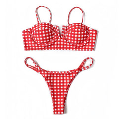 Cherry Red & White Gingham Patterned Underwire 2 Piece Bikini Set