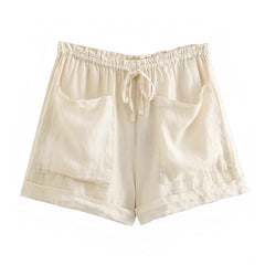 Light Khaki Cotton Linen Mid-Low Rise Cargo Short Shorts