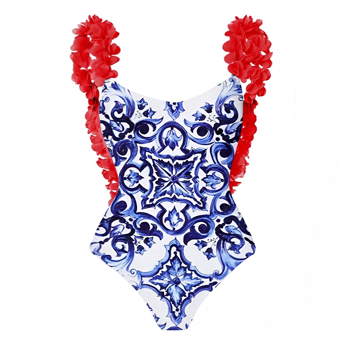 Lisbon Dark Blue & Red Patterned Ruffle Trim Spaghetti Strap One Piece Swimsuit