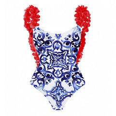 Lisbon Dark Blue & Red Patterned Ruffle Trim Spaghetti Strap One Piece Swimsuit