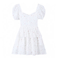 Light Pink & White Floral Print Layered Ruffle Drop Waist Puff Sleeve Mini Dress