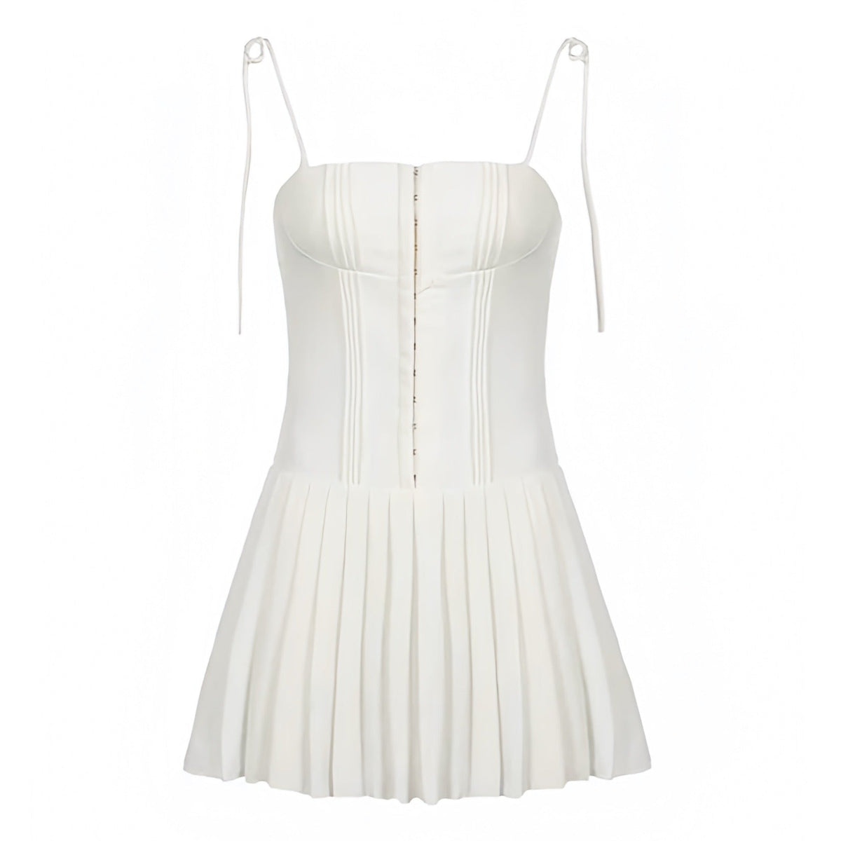 Ivory White Corset Drop Waist Pleated Spaghetti Strap Mini Dress