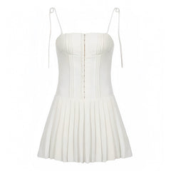 Ivory White Corset Drop Waist Pleated Spaghetti Strap Mini Dress