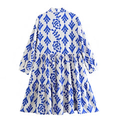 Naxos Blue & White Patterned V-Neck Long Puff Sleeve Linen Mini Dress