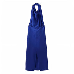 Dark Blue Halter Ruched Backless Cut Out Maxi Dress