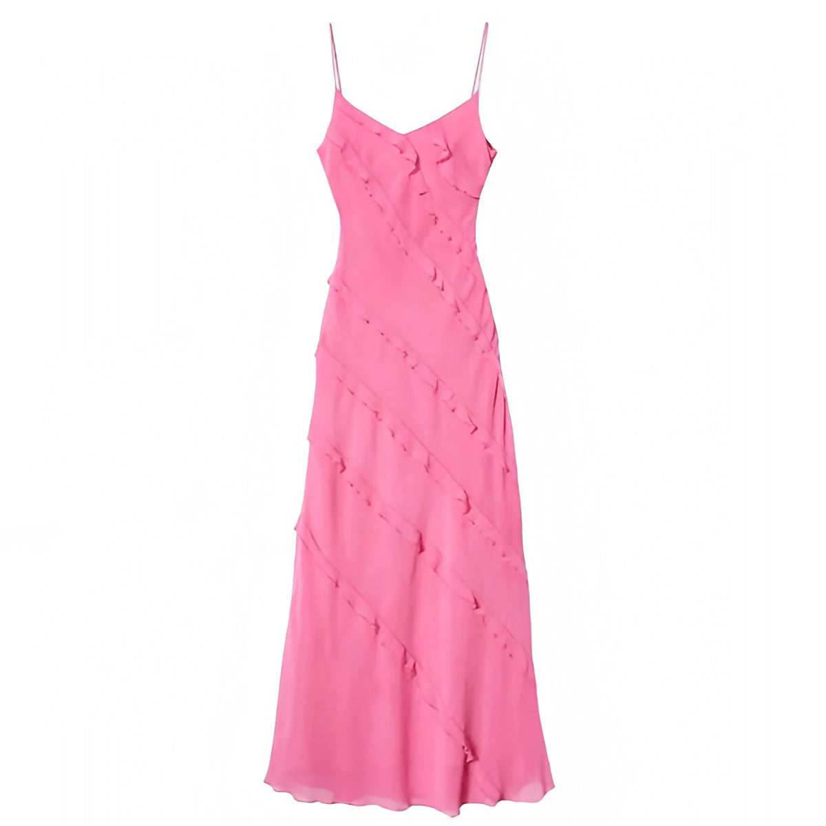 Hot Pink Bodycon Layered Ruffle Trim Spaghetti Strap Maxi Dress