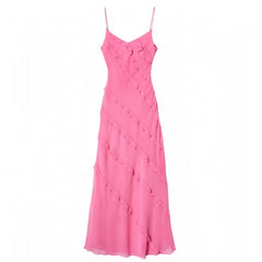 Hot Pink Bodycon Layered Ruffle Trim Spaghetti Strap Maxi Dress