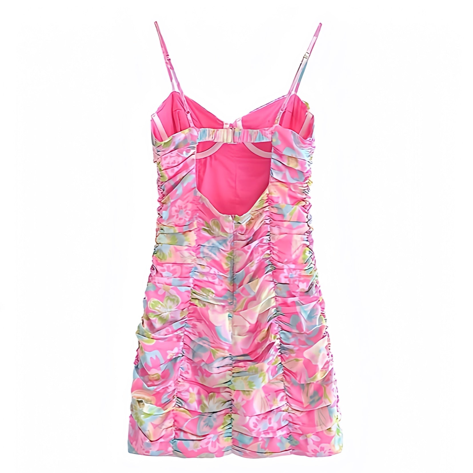 Malibu Pink Floral Print Bodycon Ruched Spaghetti Strap Mini Dress