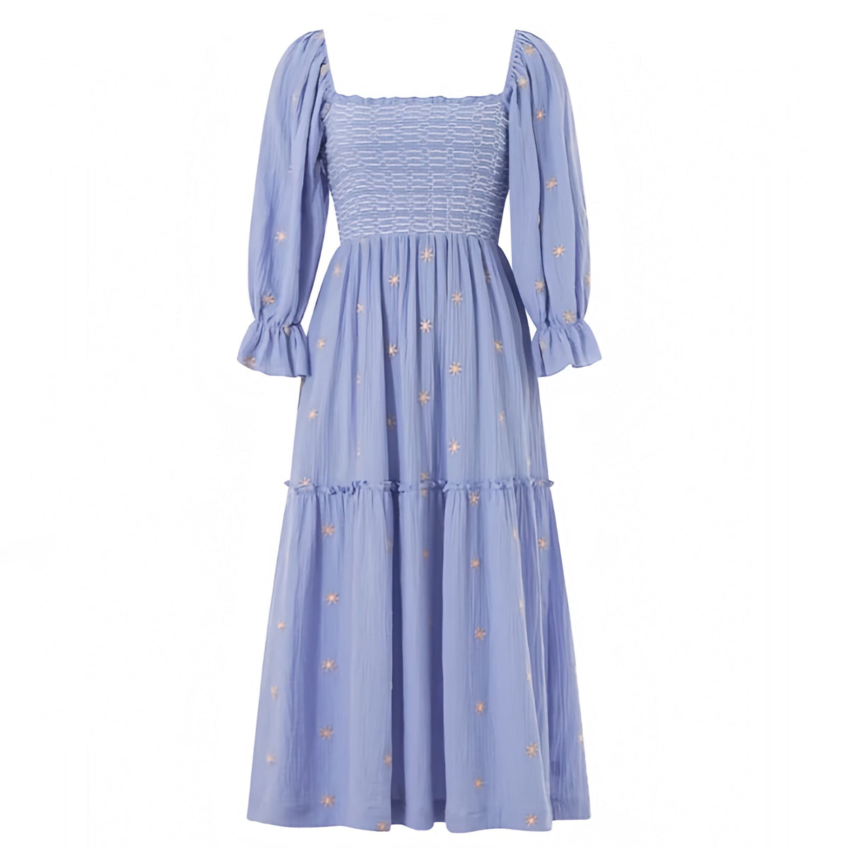Light Blue Floral Eyelet Embroidered Smocked Long Puff Sleeve Tiered Linen Maxi Dress