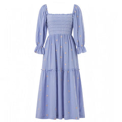 Light Blue Floral Eyelet Embroidered Smocked Long Puff Sleeve Tiered Linen Maxi Dress